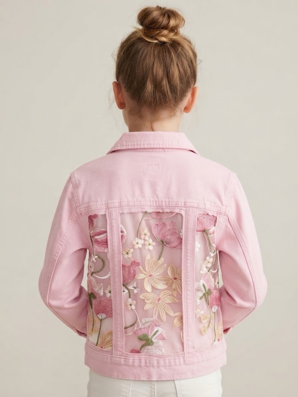 ✨UPCYCLED Girls' Light Pink Floral Embroidered Denim Jacket with Mesh Panels